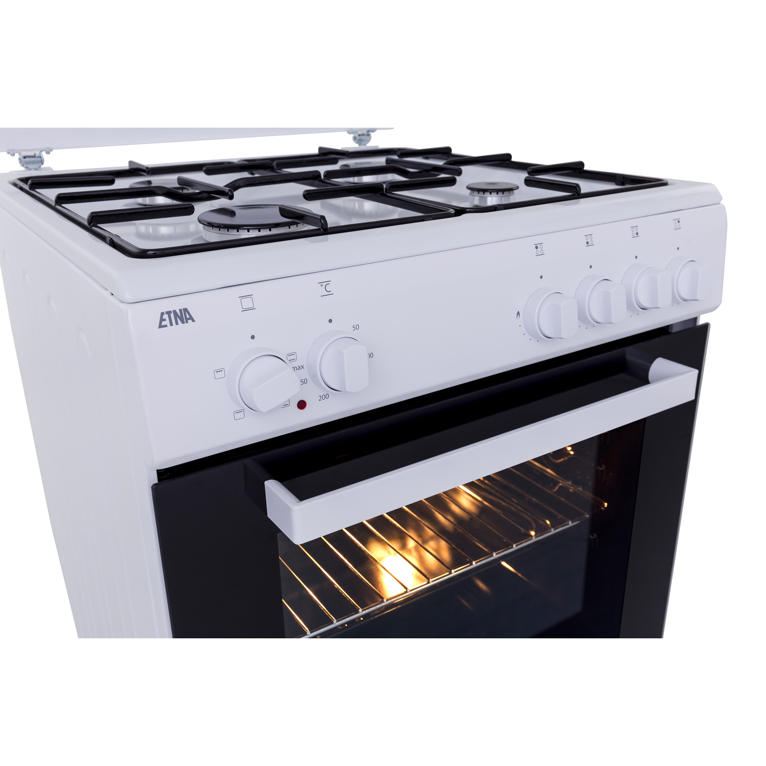 Wit en zwart gasfornuis met de ovendeur open.