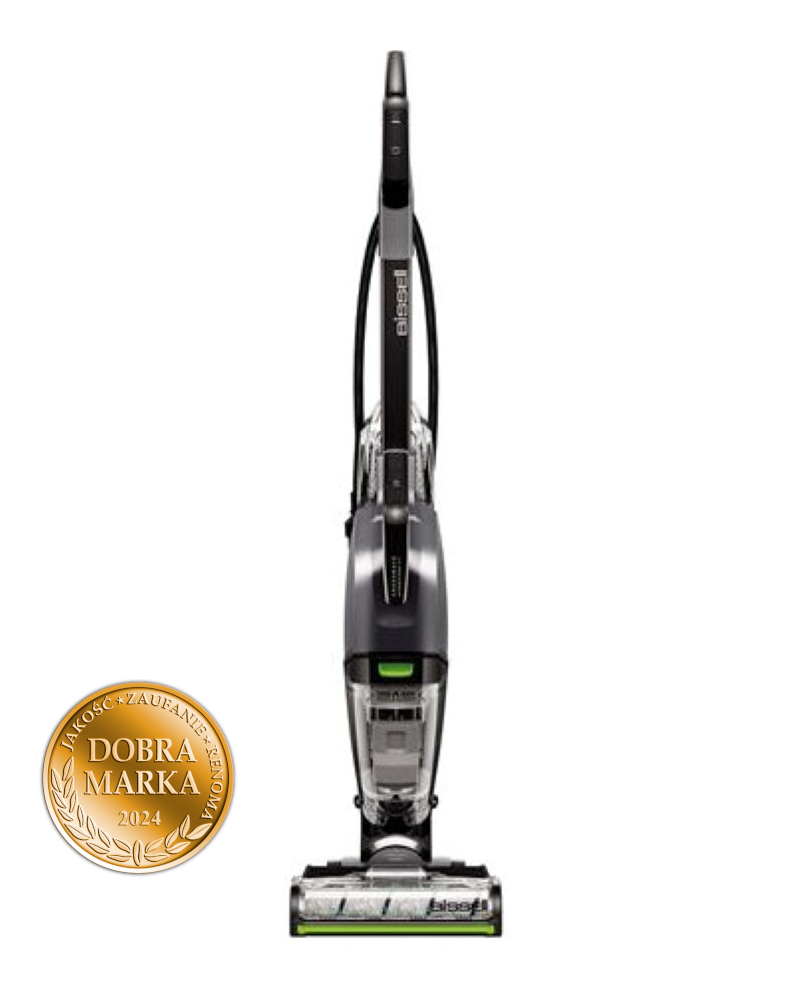 Pionowy odkurzacz Bissell ze złotą odznaką, czarny i szary, białe tło.