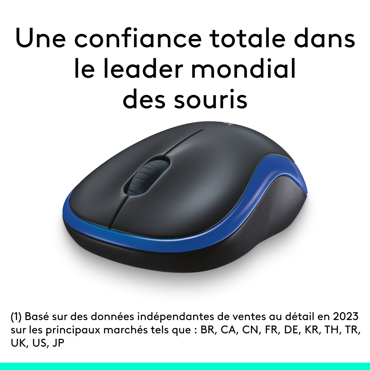 Une souris sans fil noire et bleue. Le texte sur l'image est en français.