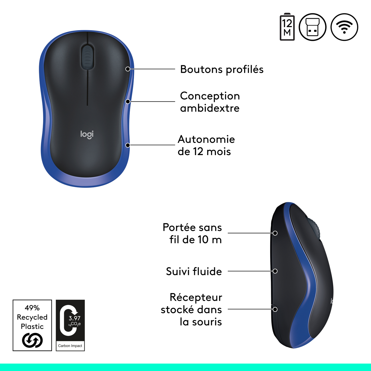 Une souris sans fil bleue et noire avec des étiquettes et du texte en français.