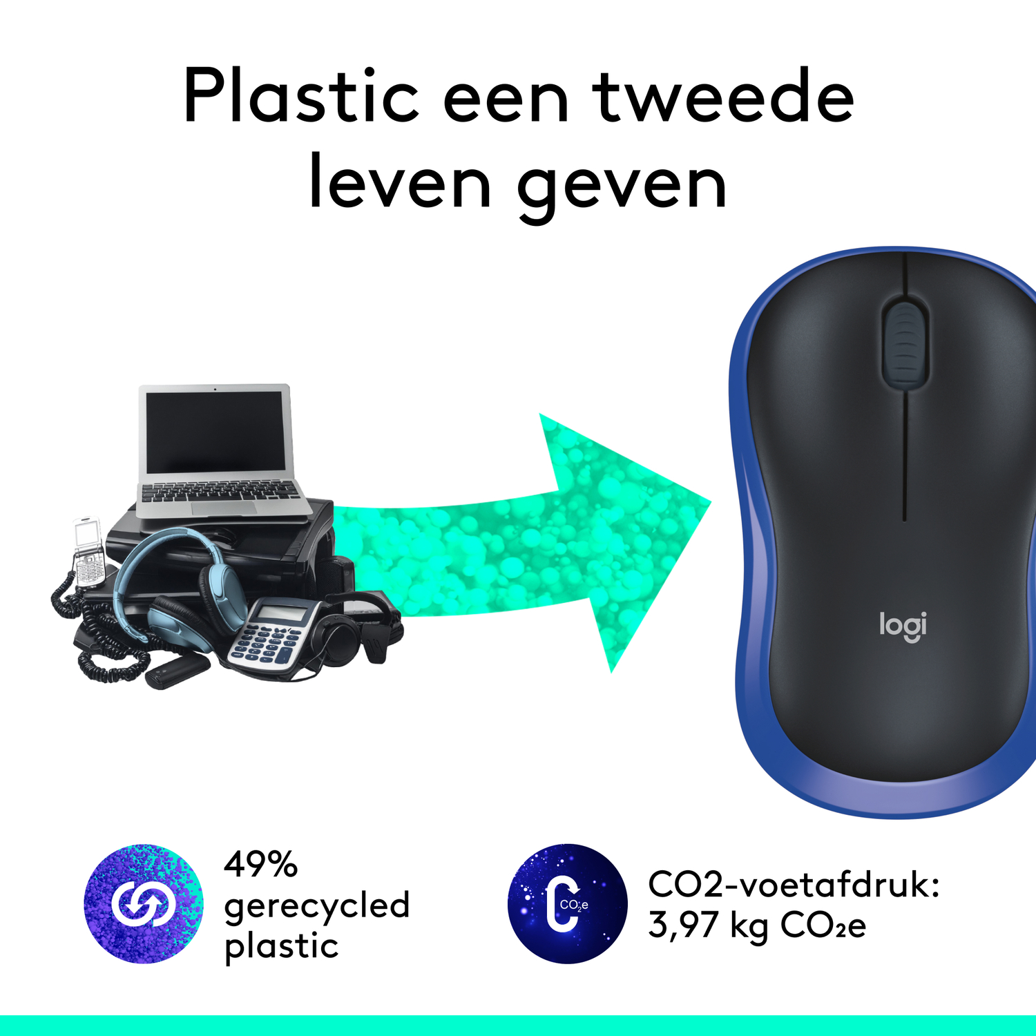 A recycling concept with computer parts, and a blue and black mouse.