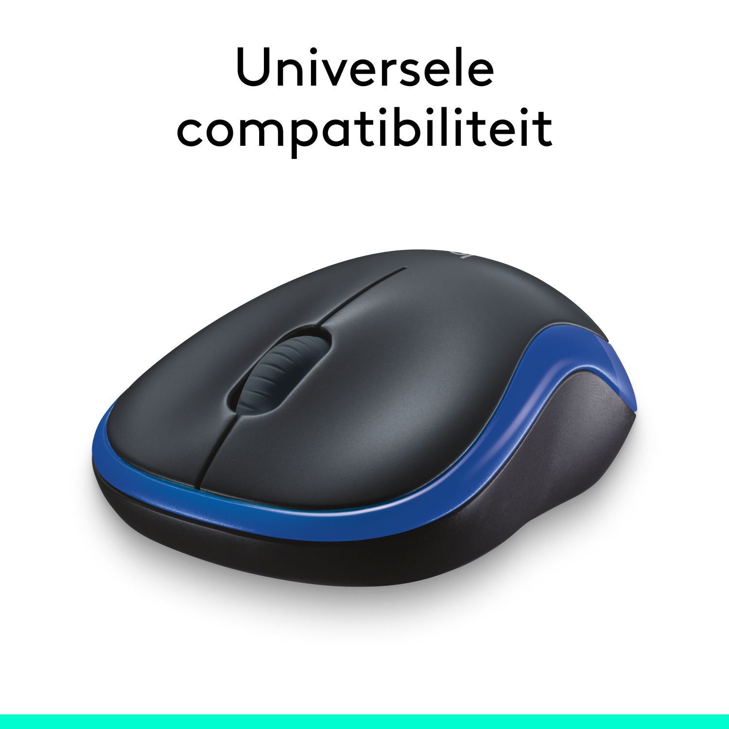 A black and blue wireless mouse on a white surface. Text overlay: 'Universal compatibility'.