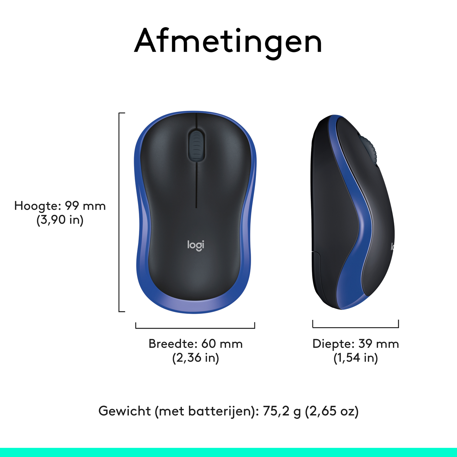 Black and blue Logitech mouse with dimensions in Dutch.