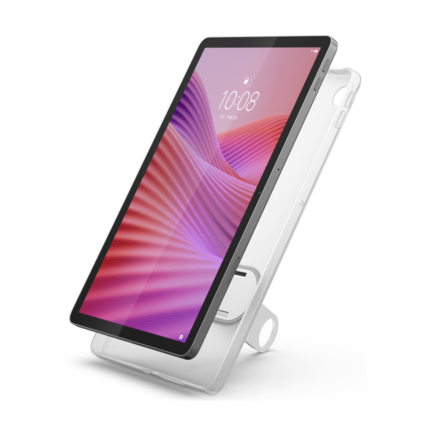 Un tablet con schermo rosa e viola, all'interno di una custodia trasparente, appoggiato su un supporto bianco.