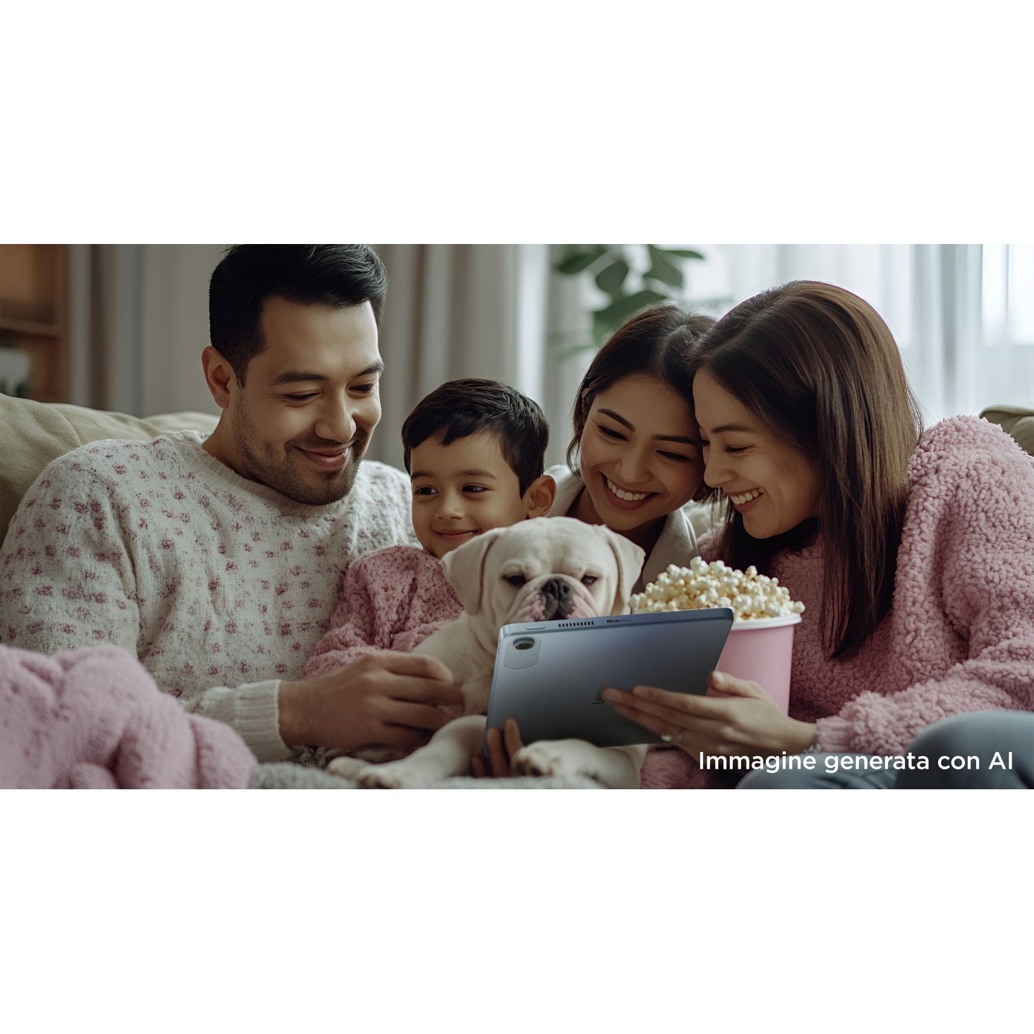 Famiglia guarda tablet, cane accanto, popcorn.