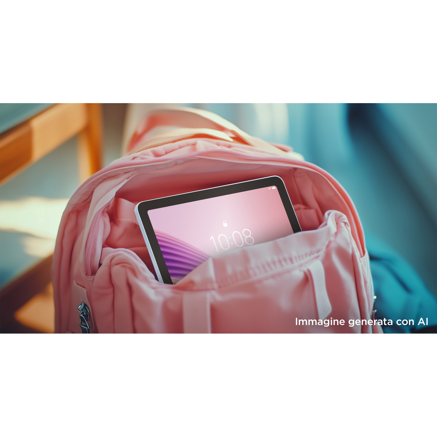Tablet in uno zaino rosa, con schermo rosa-viola.