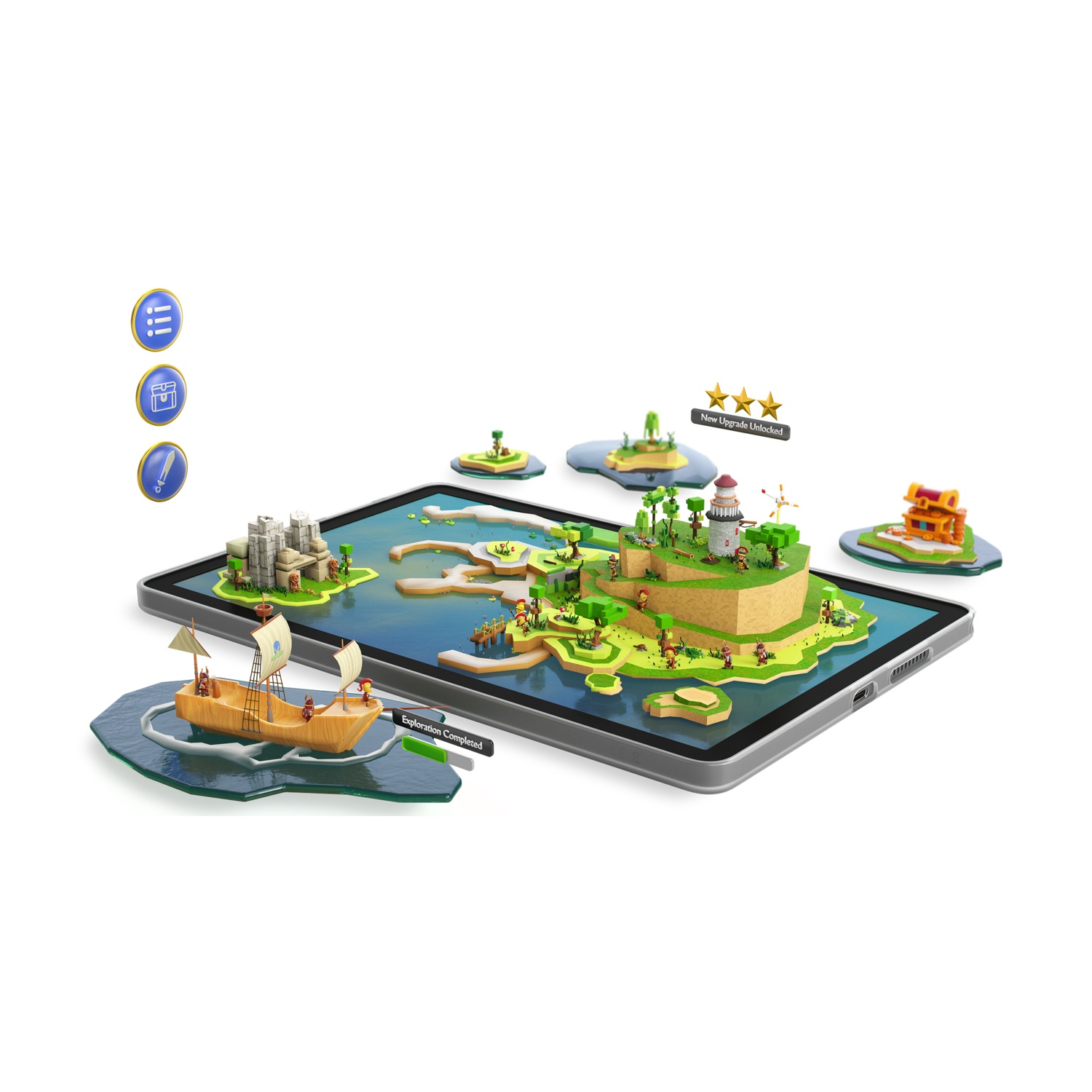Tablet che mostra un gioco con isole, edifici e una nave, con icone.