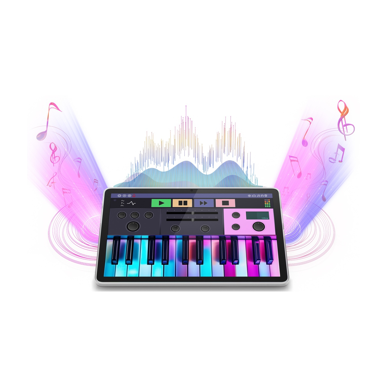 Tablet che mostra un'interfaccia di tastiera musicale. Colori rosa, blu e viola. Onde sonore sullo sfondo.