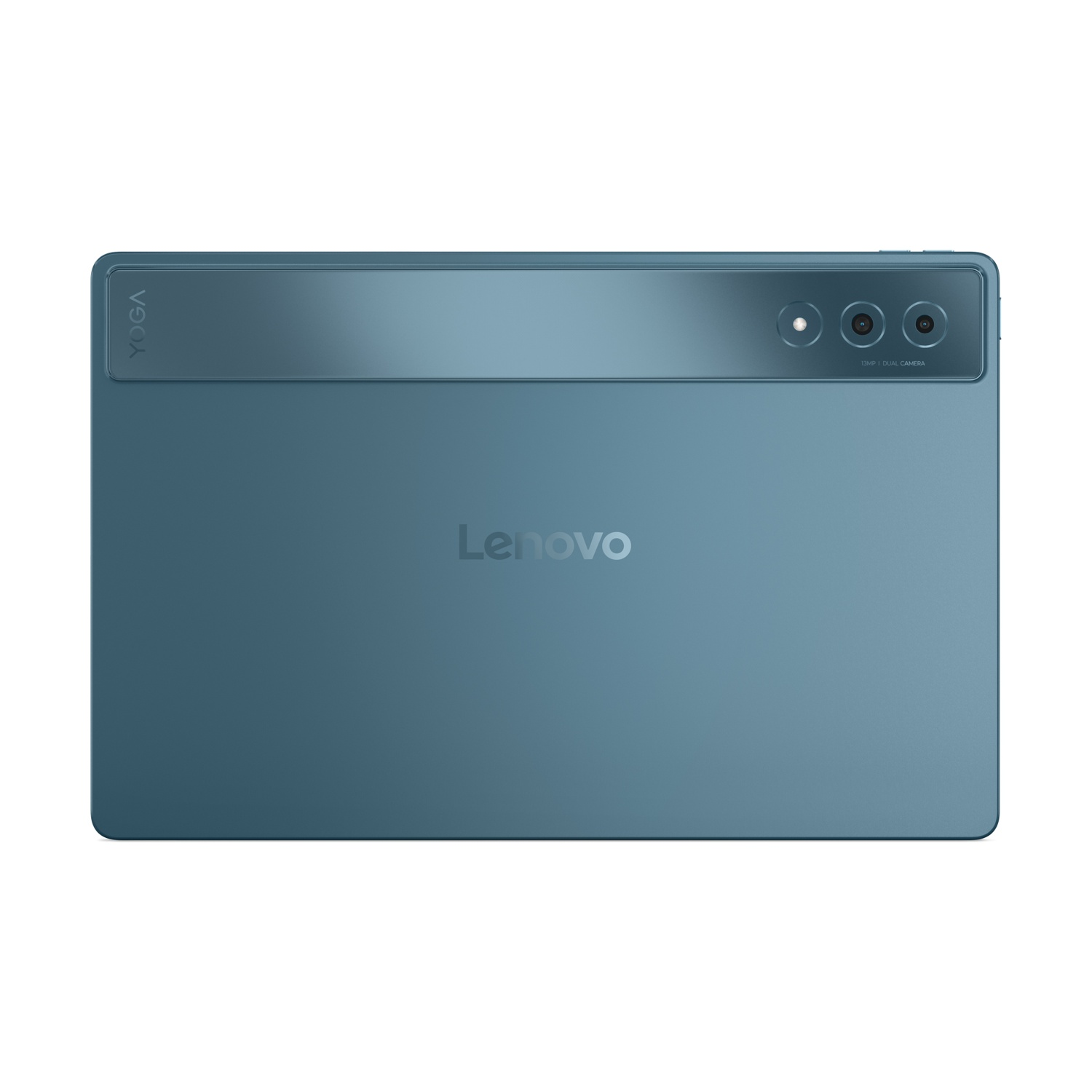 Retro di un tablet verde acqua con logo Lenovo, obiettivi della fotocamera e la parola Yoga in alto.