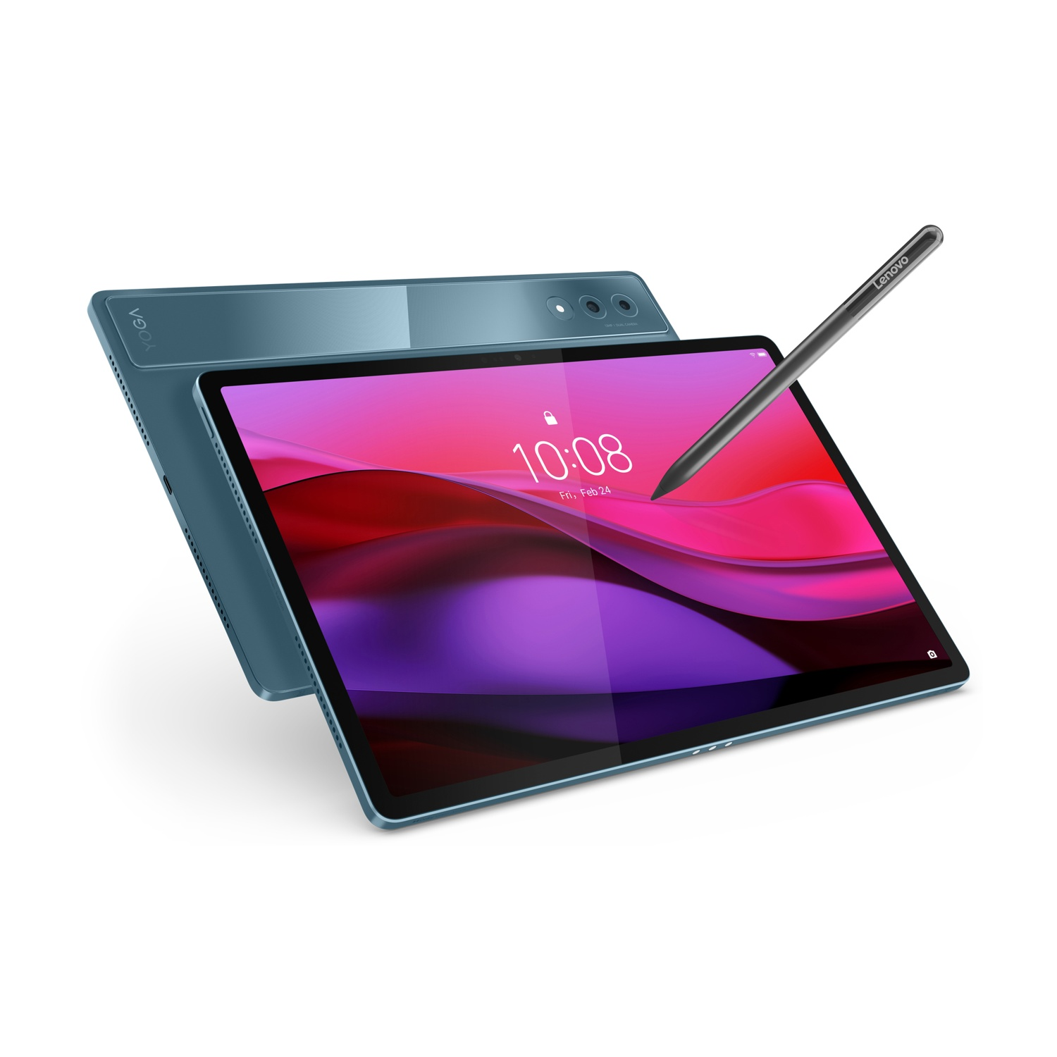 Tablet blu con pennino su sfondo bianco, schermo rosa-viola.