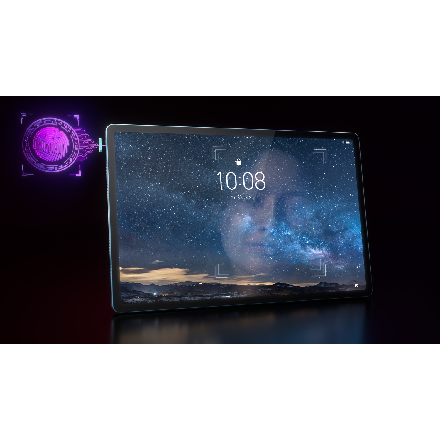 Un tablet Lenovo con uno sfondo di cielo stellato, un'icona di impronta digitale e un orologio.