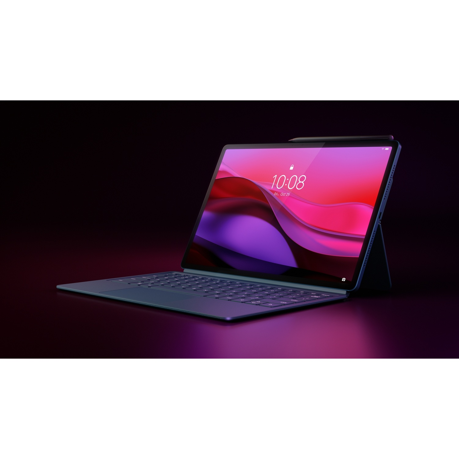 Un tablet con tastiera. Lo schermo mostra uno sfondo rosa.