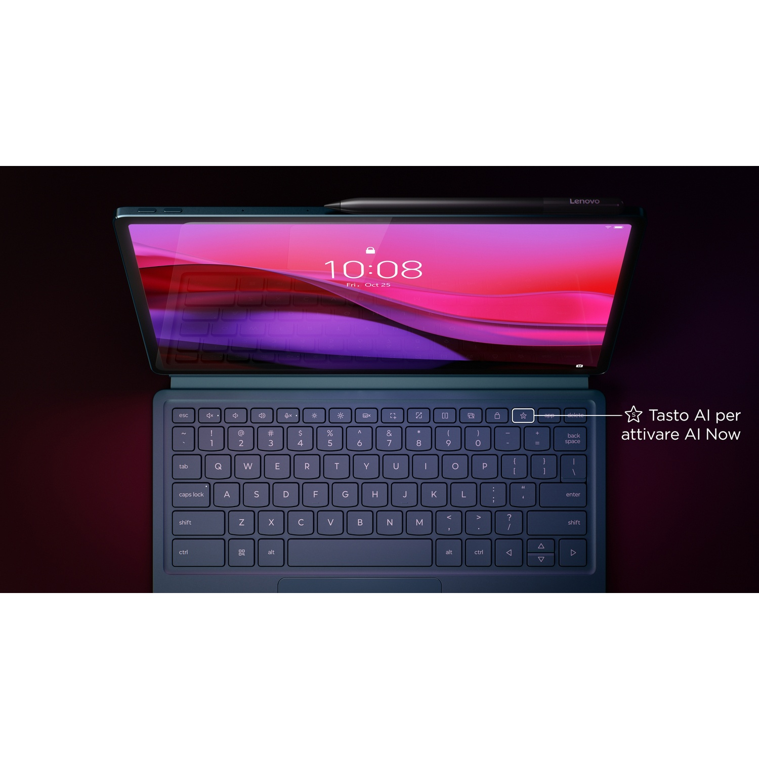 Tablet Lenovo con tastiera, display dell'ora e stilo.