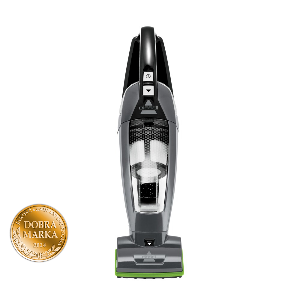 Szary i czarny odkurzacz z zieloną głowicą czyszczącą i złotą odznaką.