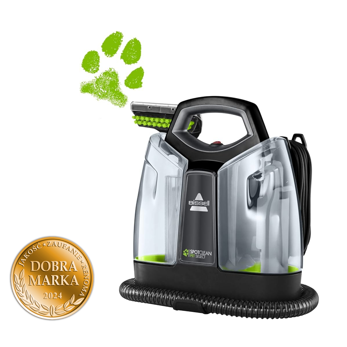 Urządzenie czyszczące z uchwytem i zielonym śladem łapy. Produkt na białym tle.