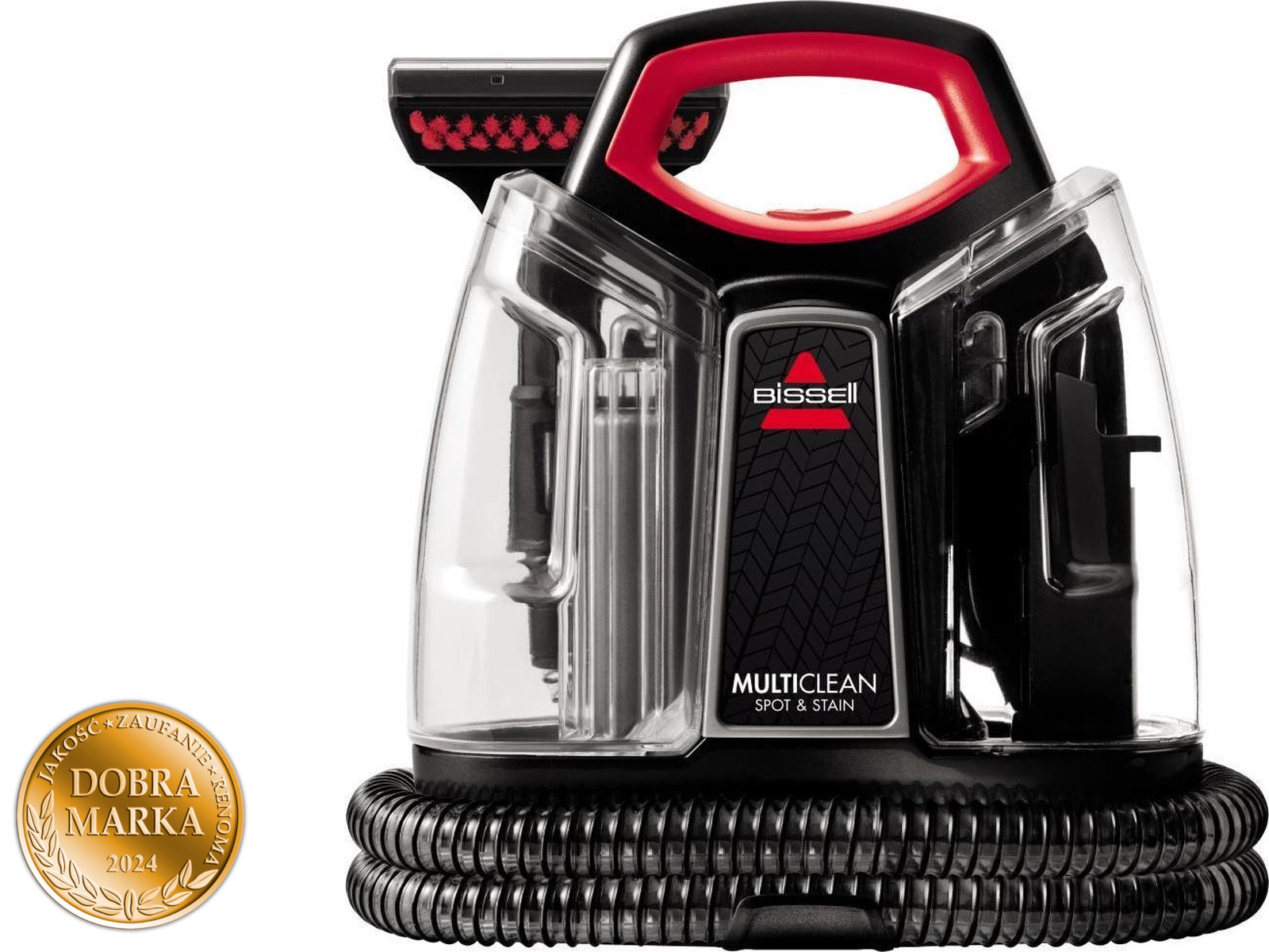 Odkurzacz do plam Bissell z czarną podstawą i przezroczystym zbiornikiem na wodę.