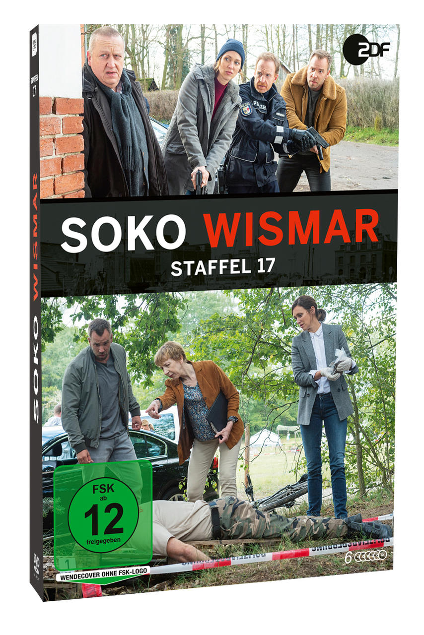 DVD-Cover: SOKO Wismar, Staffel 17. Polizisten und Schauspieler; eine Leiche am Boden.