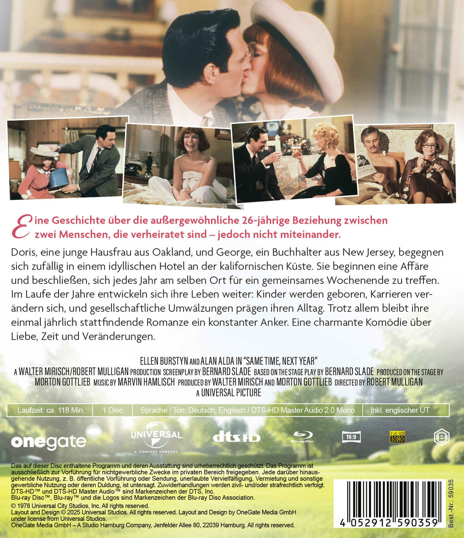 DVD-Rückseite mit Filmbildern, küssenden Schauspielern. Text auf Deutsch und Englisch, mit Logos.