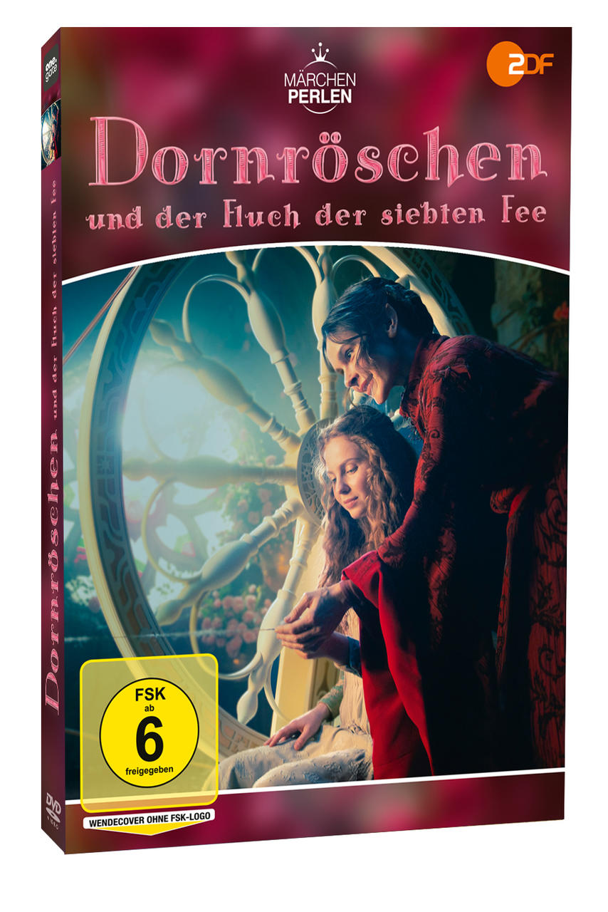 DVD-Cover von Dornröschen, ein Märchen. Illustration eines Paares und eines Spinnrads.