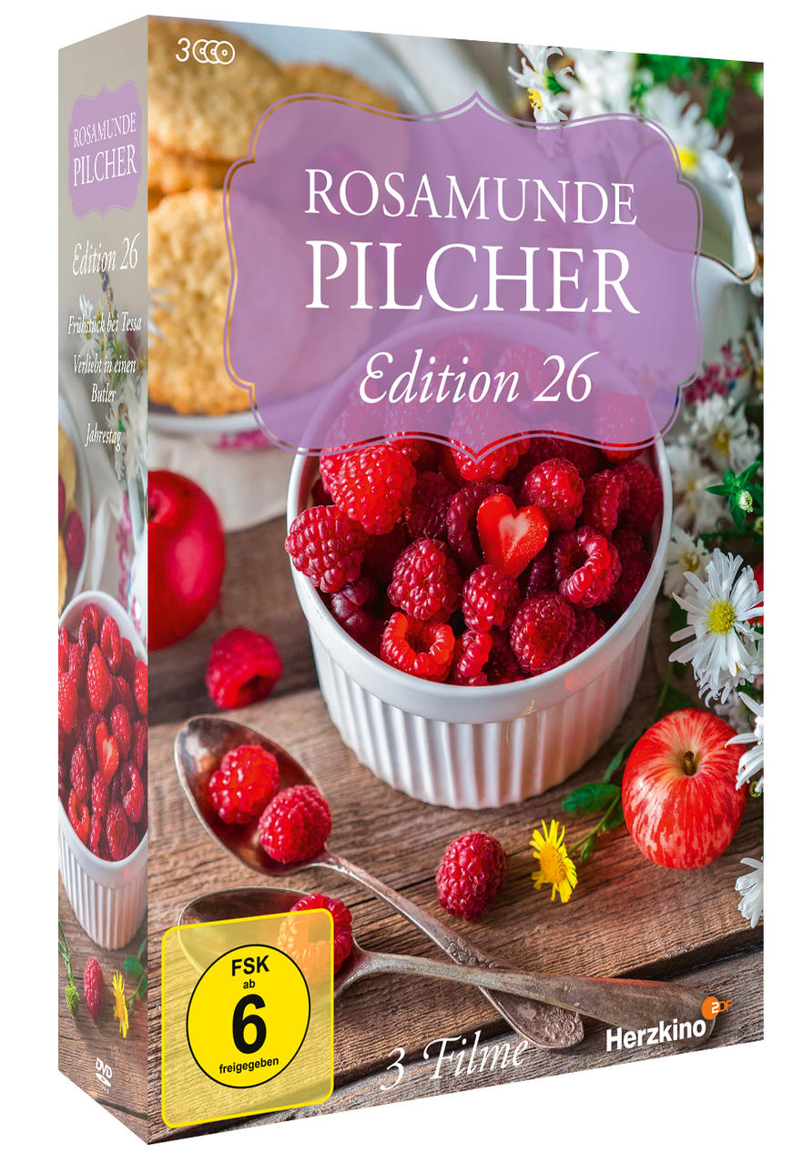 DVD-Hülle mit dem Titel 'Rosamunde Pilcher'. Enthält Himbeeren, Blumen und einen gelben Aufkleber.