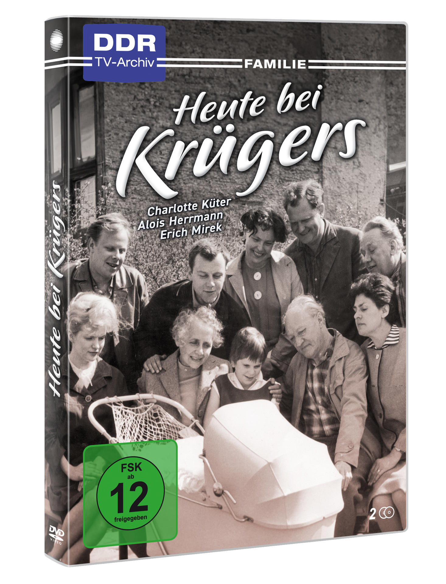 DVD-Cover: Menschengruppe, Titel 'Heute bei Krügers', Kinderwagen und grüner Altersfreigabe-Aufkleber.
