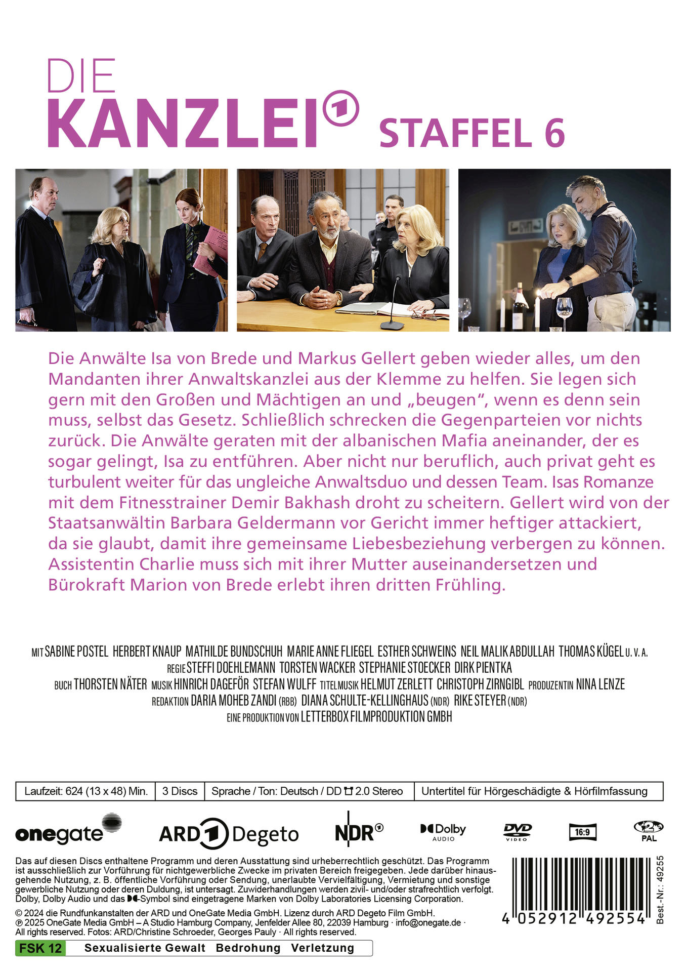 DVD-Hülle mit dem Titel einer Fernsehserie, Schauspielern vor Gericht und deutschem Text.
