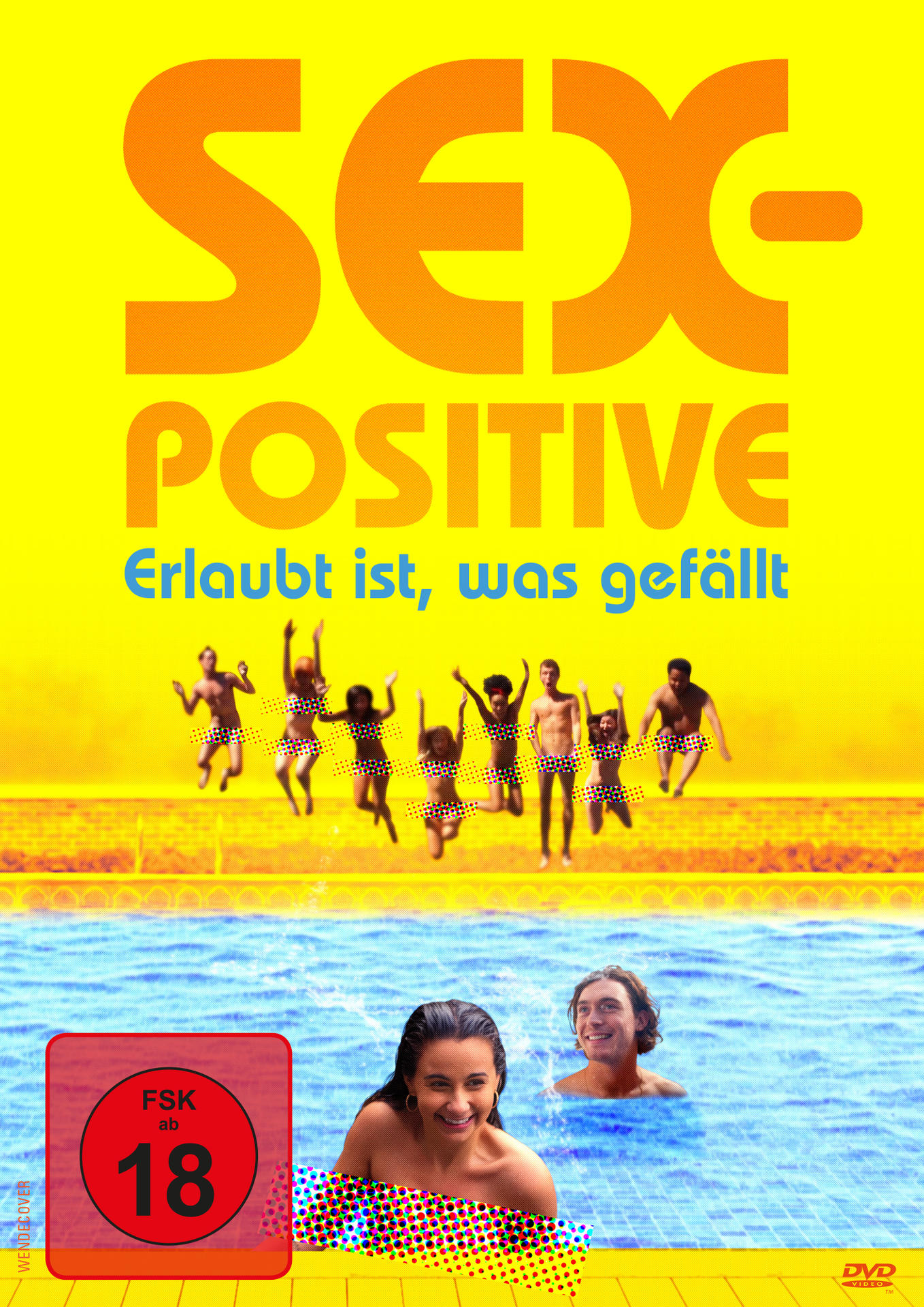Filmposter mit dem Titel SEX POSITIVE. Menschen springen in den Pool.