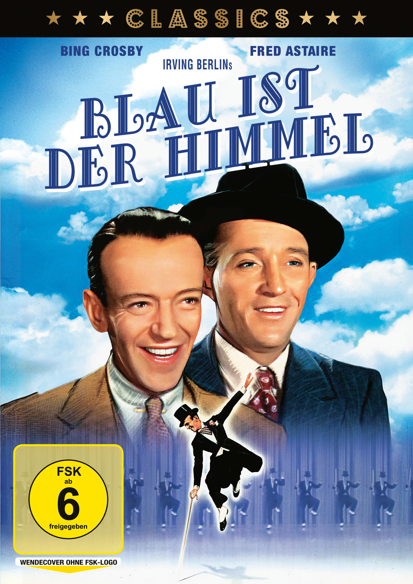 DVD-Cover. Bing Crosby, Fred Astaire. Titel: Blau ist der Himmel. Lächeln, Tanzen. Blauer Himmel Hintergrund.