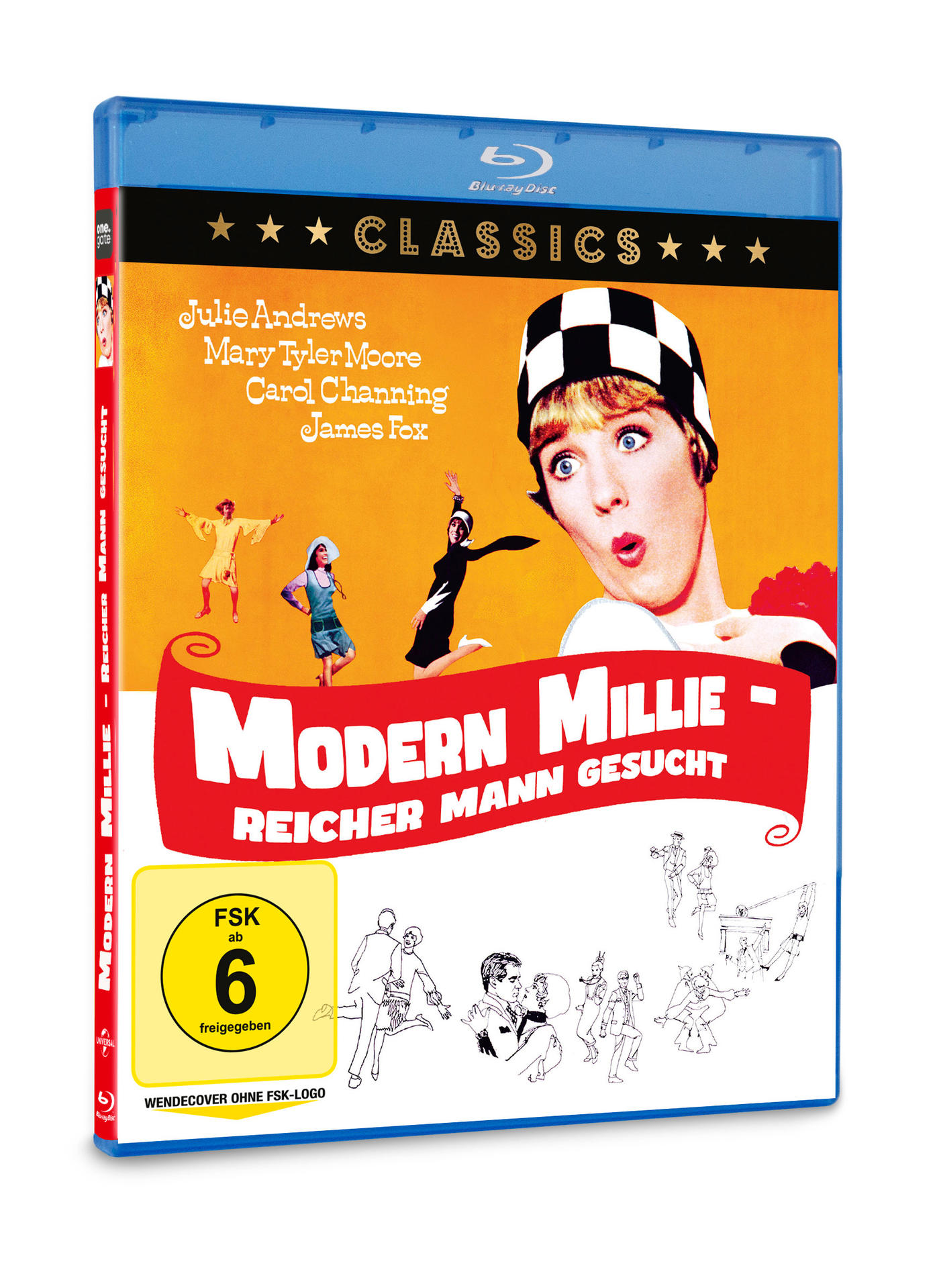Blu-ray-Hülle mit Filmtitel, Schauspielerin mit Schachbrettmusterhut und Cartoonfiguren.