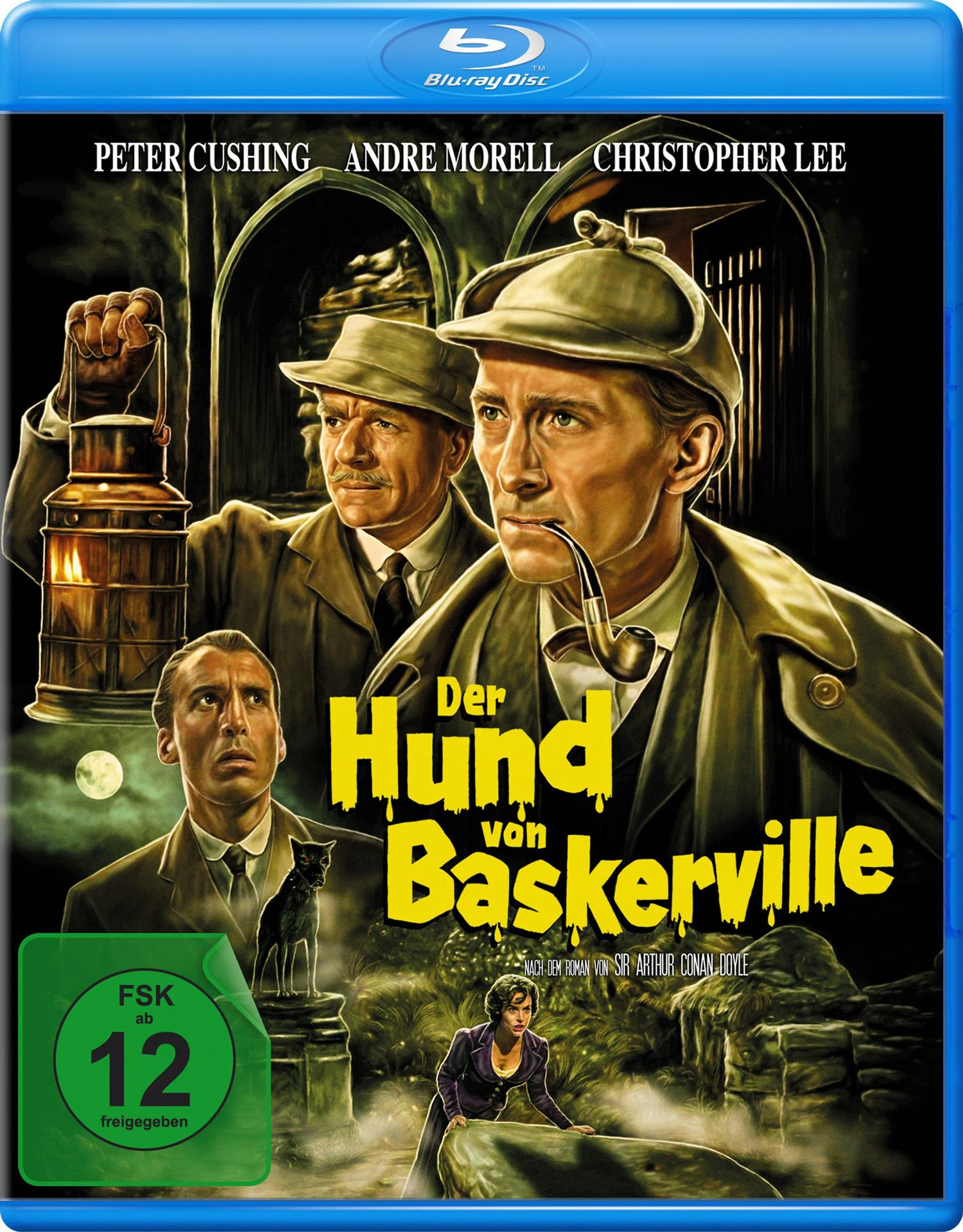 Blu-ray-Hülle mit drei Männern in Detektivkleidung. Titel: Der Hund von Baskerville.