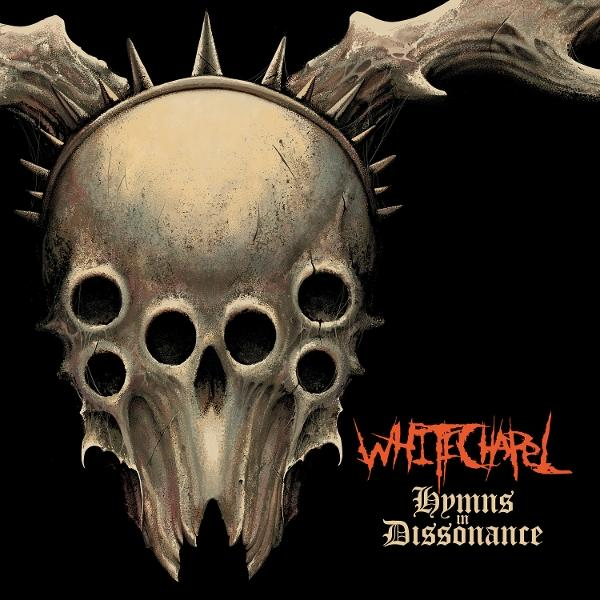 Albumcover mit einem Schädel mit Hörnern und dem Text 'WHITECHAPEL Hymns in Dissonance'.