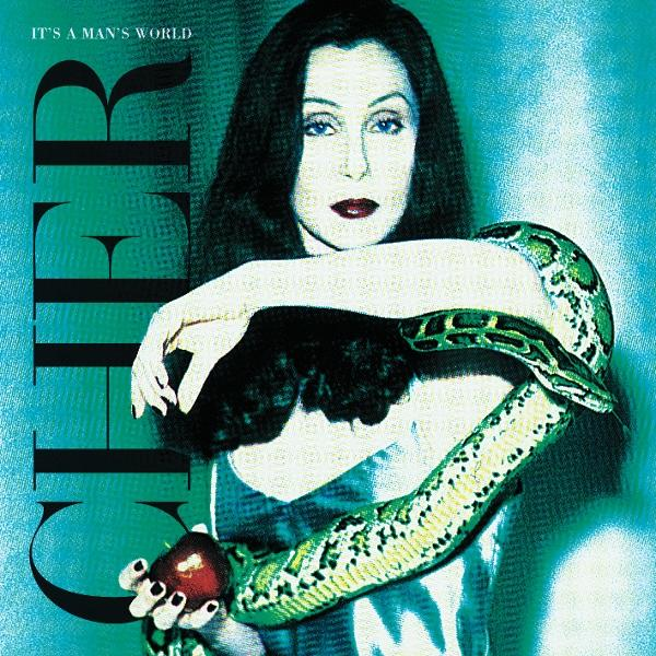 Cher, Cover-Art. Frau mit Schlange, Apfel und Text 'It's a man's world'.