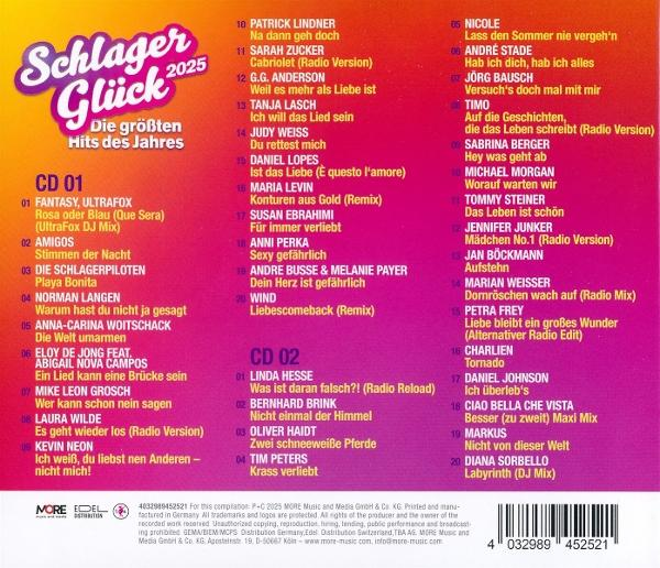 CD-Cover: Schlager Glück 2025, farbenfrohes Design mit Albumtiteln und Künstlernamen.