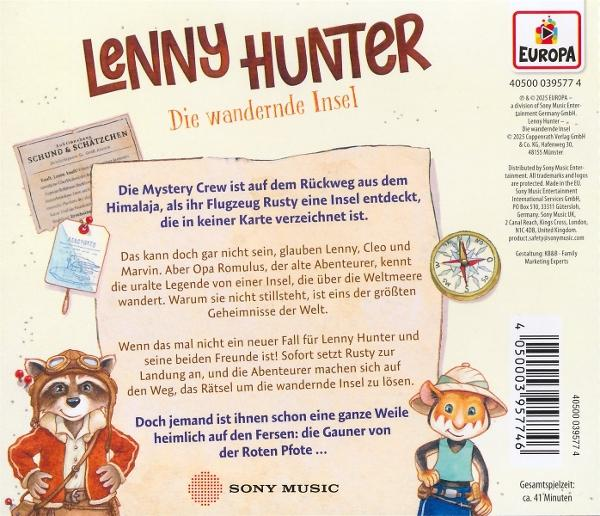 Rückseite eines Lenny Hunter Hörbuchs. Zeigt Zeichentrickfiguren und Text.