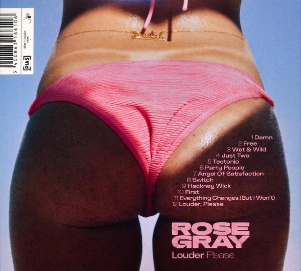Rückseite einer Frau in einem rosa Bikini. Albumcover mit Text.
