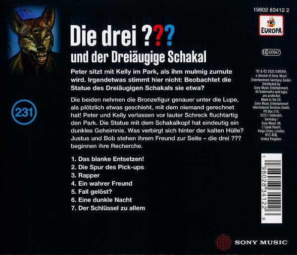 CD-Rückseite: Die drei ??? und der Dreiaugige Schakal, mit Wolf, Episodendetails und Sony Music Logo.
