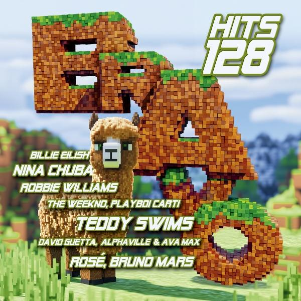 Albumcover: Minecraft-Design mit 'Hits 128' und Künstlernamen. Lama und blockartige Elemente.