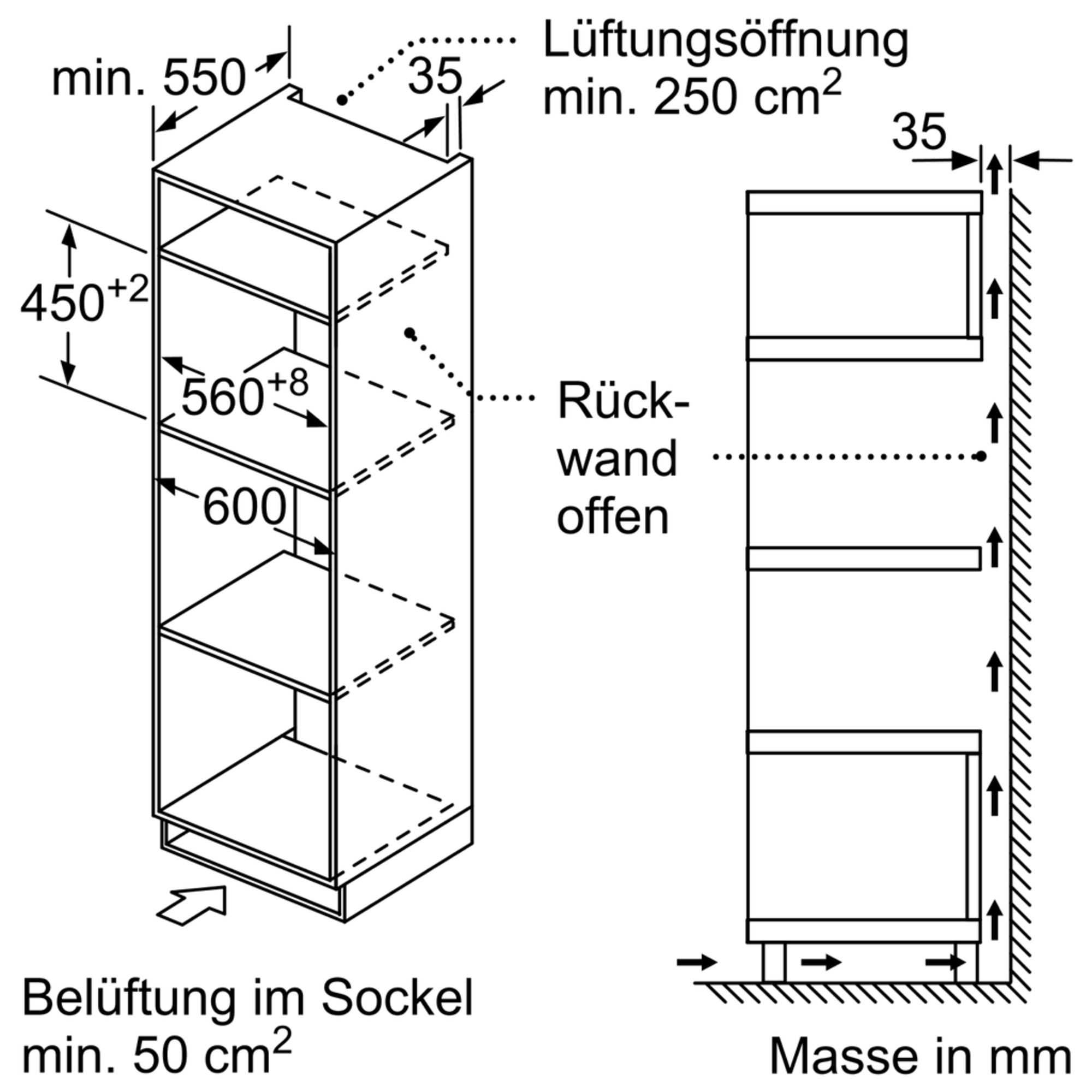 Diagramme d'une armoire encastrée. Montre les dimensions et les étagères internes. Flèches indiquent flux d'air.