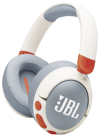 Biało-szare słuchawki JBL. Muszle są szare, a pałąk biały.