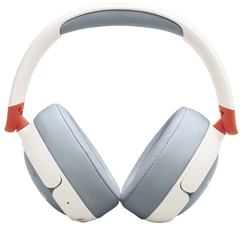 Słuchawki nauszne, biały pałąk, szare nauszniki, czerwone akcenty.