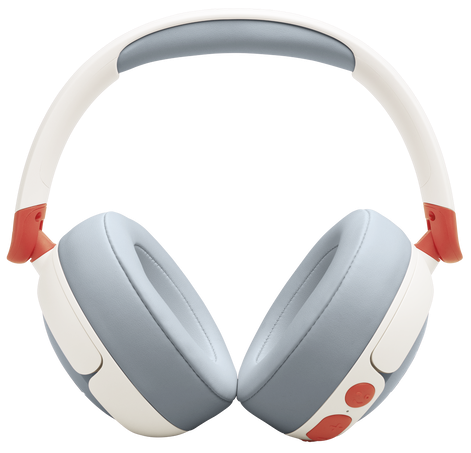 Biało-szare słuchawki. Czerwone akcenty. Konstrukcja nauszna. Widok z góry.