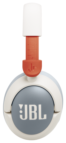 Białe i niebieskie słuchawki z logo JBL. Pomarańczowe i białe detale. Perspektywa z góry.