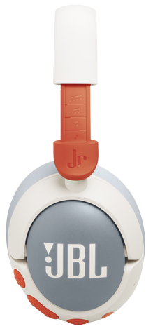 Słuchawki, białe z pomarańczowymi akcentami i logo JBL.