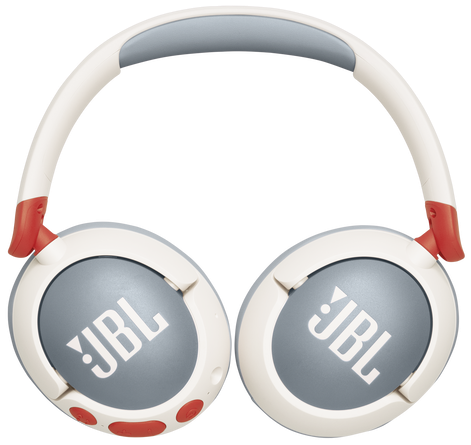 Biało-szare słuchawki z czerwonymi akcentami i logo JBL na muszlach.