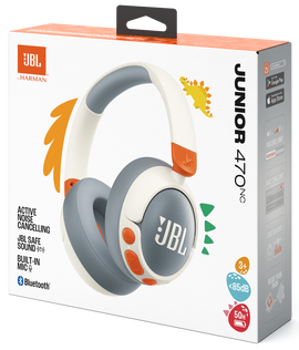 Słuchawki JBL w pudełku z białymi i szarymi nausznicami, pomarańczowymi akcentami. Grafika dinozaura.