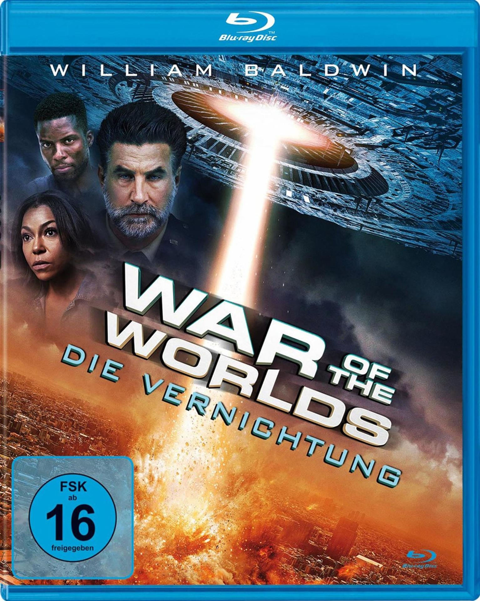 Filmcover: Krieg der Welten, mit Schauspielern und einer Stadtszene, Blu-ray Disc.