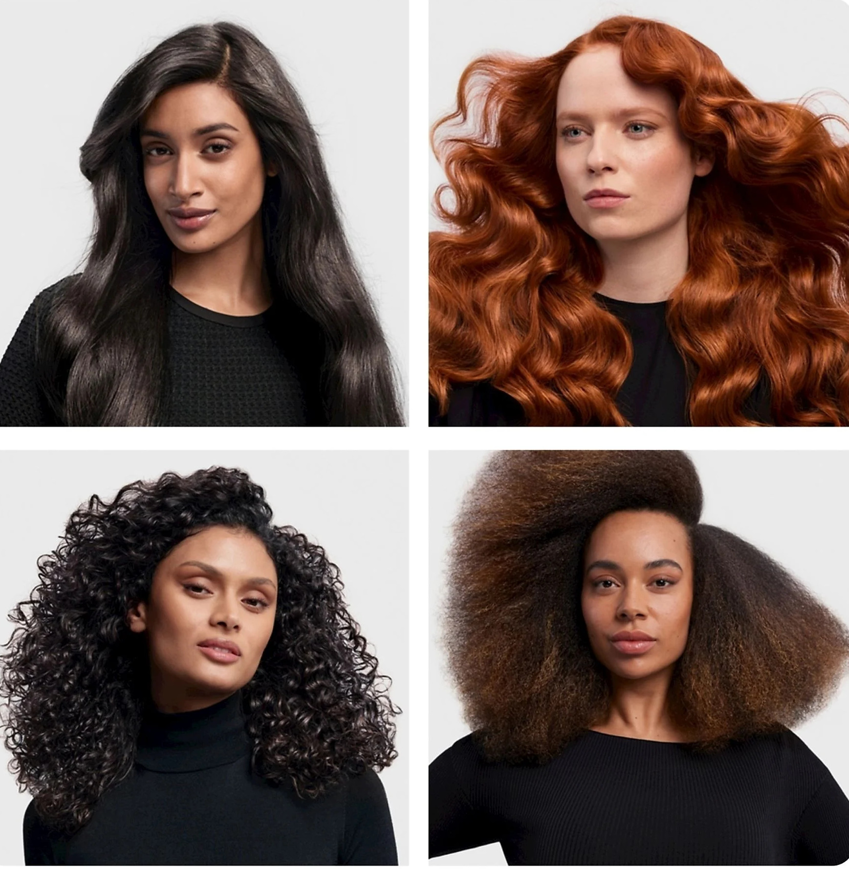 Cztery kobiety o różnych typach włosów: proste czarne, faliste czerwone, kręcone czarne i afro brązowe.