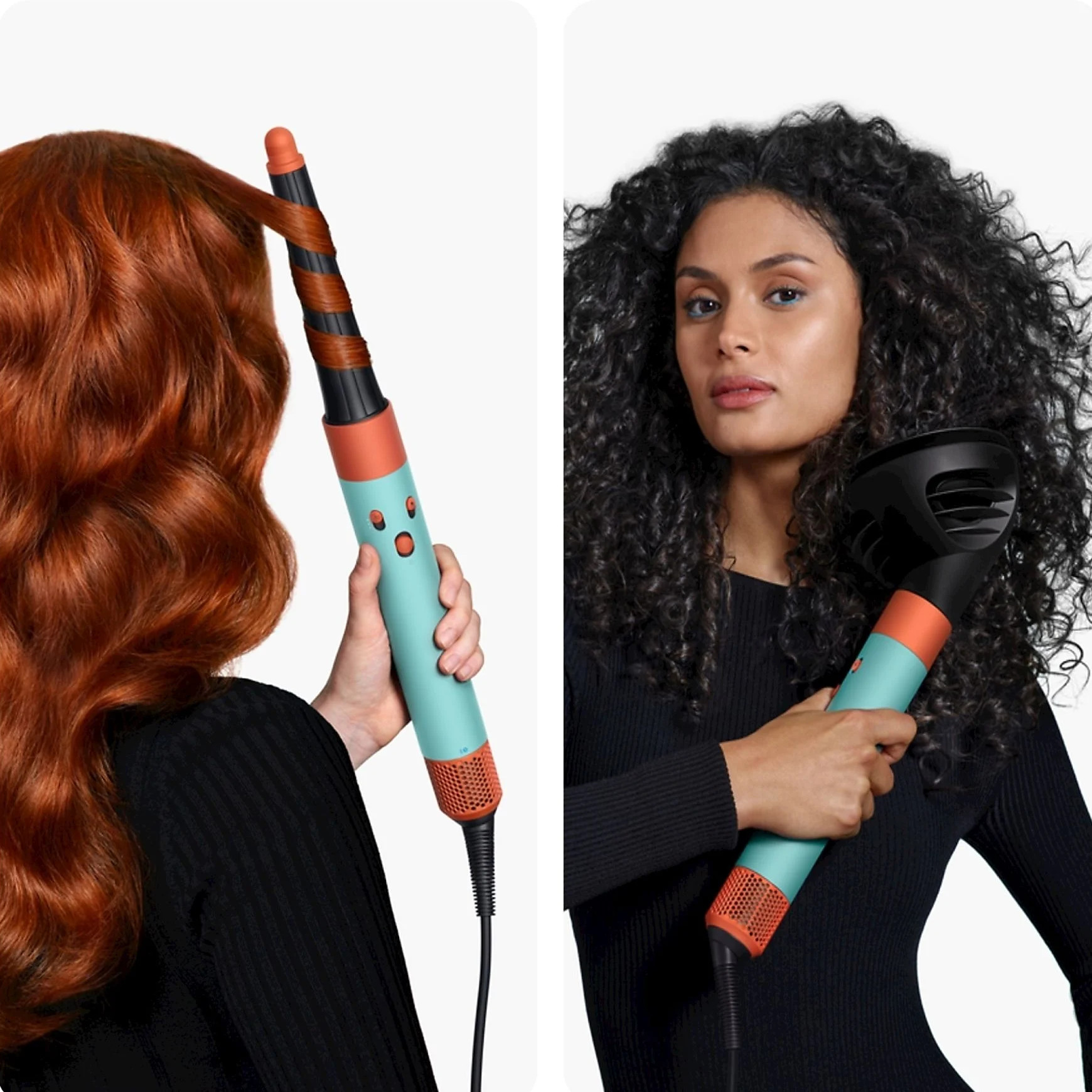 Kobieta kręci rude włosy lokówką. Inna kobieta trzyma suszarkę do włosów z czarną dyszą.