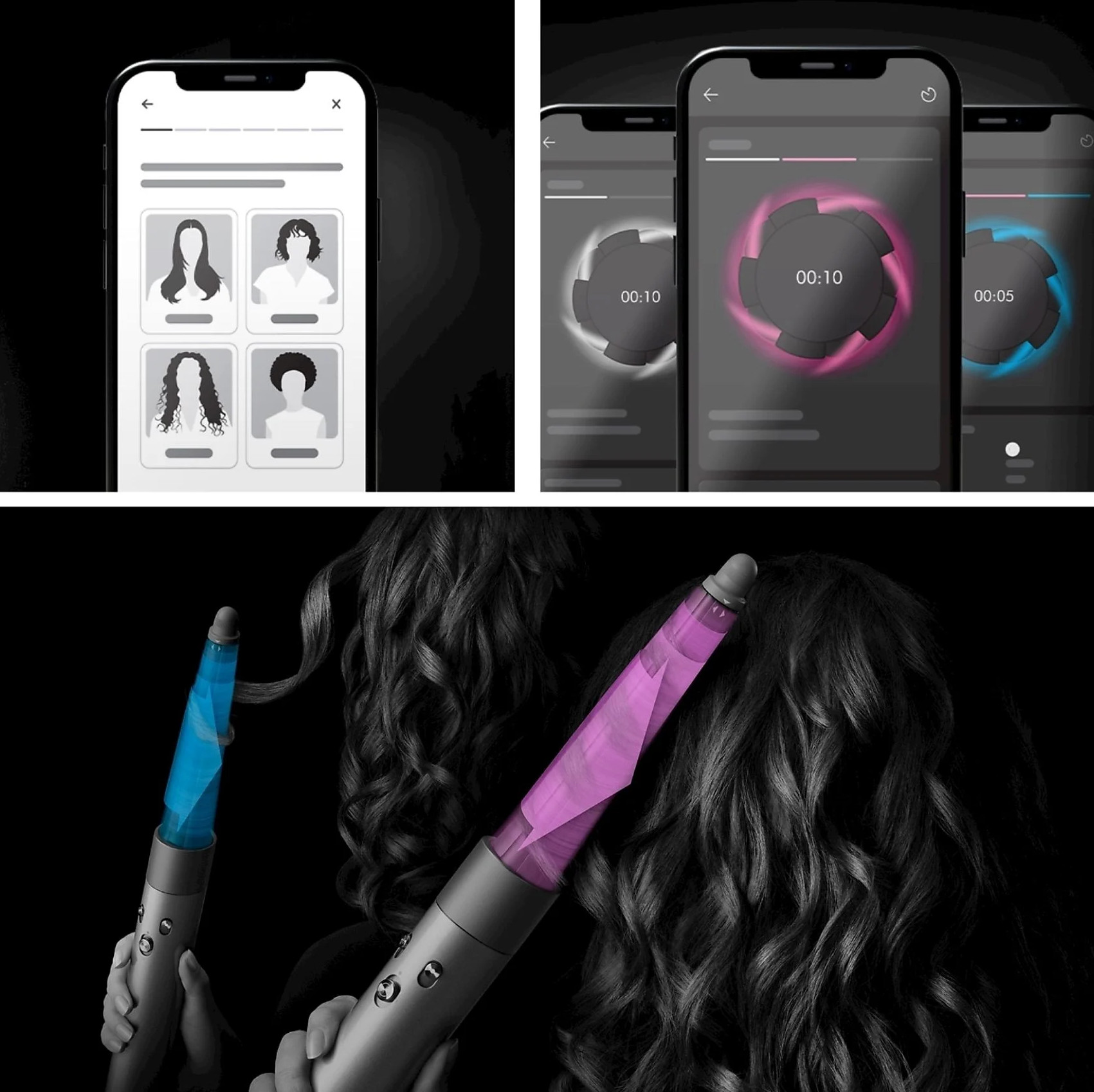 Narzędzia do stylizacji włosów, smartfon z opcjami fryzur, lokówka z niebieskim i różowym światłem, czarne tło.