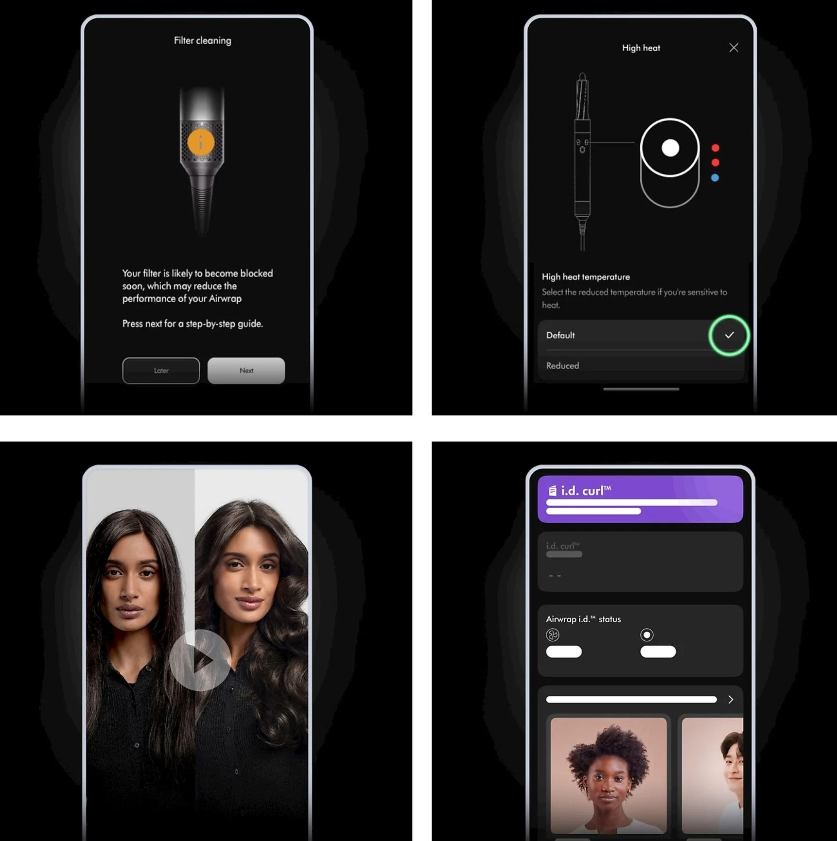 Zrzuty ekranu interfejsu telefonu z instrukcjami czyszczenia filtra, ustawień wysokiej temperatury i i.d. curl.